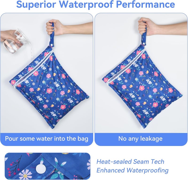 OTraki 3 Pack Waterproof Wet Dry Bag with Zippered & Handle Reusable Wet Clothes Bag Baby Cloth Diaper Wet Bags for Swimming Travel Beach Pool Gym, Daycare Organizer (Flower Pattern) - Image 4